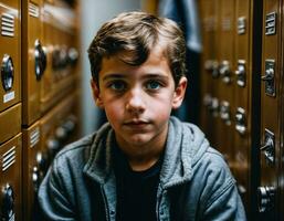 photo of scary boy kid in locker room, generative AI