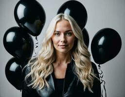 photo of beautiful european woman with blonde hair color in black and white balloons in background, generative AI