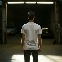 AI generative A man wearing a plain white t - shirt on the garage facing backwards, perfect to create tshirt mockup photo