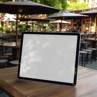 AI Generative High quality photo of big tablet with blank screen on the table, perfect to create mockup preview