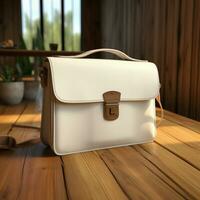 AI generative White woman bag on the wooden table, perfect to create mockup preview photo