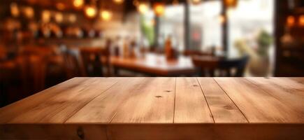 empty wooden table top with a blurred background of a kitchen setting. AI Generated photo