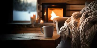 A mug with hot tea perched on a chair, draped with a soft woolen blanket. AI Generated photo