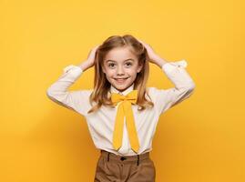 funny child schoolgirl yellow background. AI Generated photo