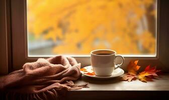 taza de aromático té metido en un antepecho, acompañado por un calentar tartán y dispersado otoño hojas. ai generado foto