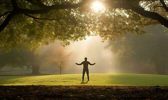 a man deeply engrossed in his morning exercise routine. AI Generated photo