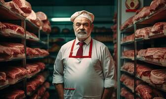 hombre en pie en frente de estantería con crudo carne. ai generado foto