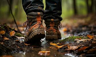 Hikers' muddy boots during autumn. AI Generated photo