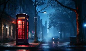 Red phone booth in the middle of a city street in the light of lanterns. AI Generated photo