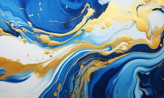 Mixed liquid blue and golden paints creating an abstract fluid acrylic background. AI Generated photo