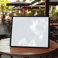 High quality photo of big tablet with blank screen on the table, perfect to create mockup preview