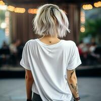 AI generated Girl model wearing white oversize t - shirt. music concert view. Back view. modern style photo