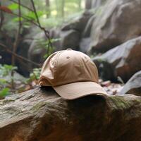 Photo of blank light brown baseball hat, ultra realistic, 8K, suitable to create hat mockup or cap mockup