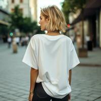 AI generated Girl model wearing blank white oversize t - shirt. LA street. Back view. modern style photo