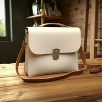 AI generative White woman bag on the wooden table, perfect to create mockup preview photo