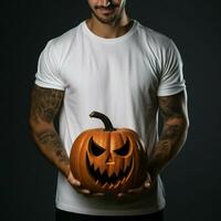 ai generativo foto de un hombre participación Víspera de Todos los Santos calabaza en mano, vistiendo un llanura blanco camiseta