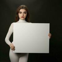 AI generated Sad girl holding a blank white board in dark background photo