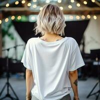 AI generated Girl model wearing white oversize t - shirt. music concert view. Back view. modern style photo