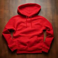 AI Generative Blank red hoodie lying on the table, photographed from above photo
