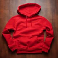 Blank red hoodie lying on the table, photographed from above photo