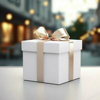 AI generative Blank gift box in white color on the table, perfect to create mockup preview photo