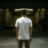 AI generative A man wearing a plain white t - shirt on the garage facing backwards, perfect to create tshirt mockup photo