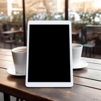 High quality photo of big tablet with blank screen on the table, perfect to create mockup preview