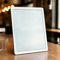 AI Generative High quality photo of big tablet with blank screen on the table, perfect to create mockup preview