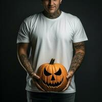 AI generative Photo of a man holding halloween pumpkin in hand, wearing a plain white t-shirt