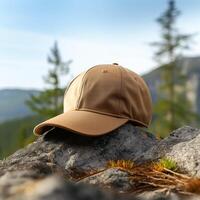 Photo of blank light brown baseball hat, ultra realistic, 8K, suitable to create hat mockup or cap mockup