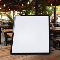 High quality photo of big tablet with blank screen on the table, perfect to create mockup preview