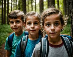 foto grupo de niños como un mochilero en el oscuro madera, generativo ai