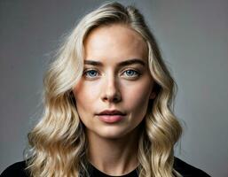 photo of close up beautiful european woman with blonde hair color in black background, generative AI