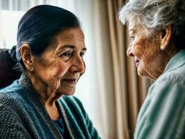 photo of woman take care senior woman at home, generative AI