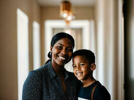 foto de contento familia negro madre y hijo, generativo ai