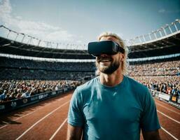 photo of handsome man with VR glasses headset at stadium sport arena, generative AI