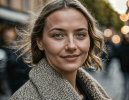 photo of beautiful european woman walking in street and building retro style, generative AI