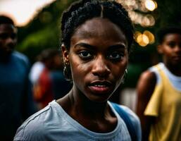 photo of rage angry black teenage college girl fighting the other with wound on face, generative AI