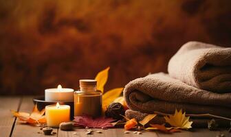 Autumn spa and aromatherapy setup, Displaying elements like aromatic candles, essential oils infused with autumn herbs, and dried fall leaves. AI Generated photo
