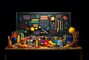 collection of colorful crayons artistically laid out on a blackboard. AI Generated photo