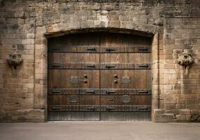 de madera puertas característica de un medieval castillo. ai generado foto