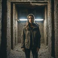 survivor people at apocalypse world in underground basement bunker , generative AI photo