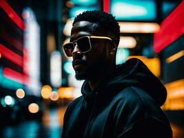 photo of black man in black hoodie in server data center room with neon light, generative AI