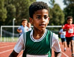foto de chico niños corriendo carrera deporte a escuela, generativo ai