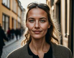 foto de hermosa europeo mujer caminando en calle y edificio retro estilo, generativo ai