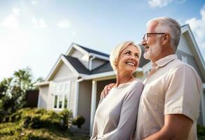 happy old couple standing in front of their new home. AI Generated photo