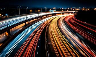 tráfico en un autopista a noche. ai generado foto