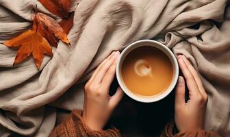 Closeup of female hands cradling a mug of hot dark coffee. AI Generated photo