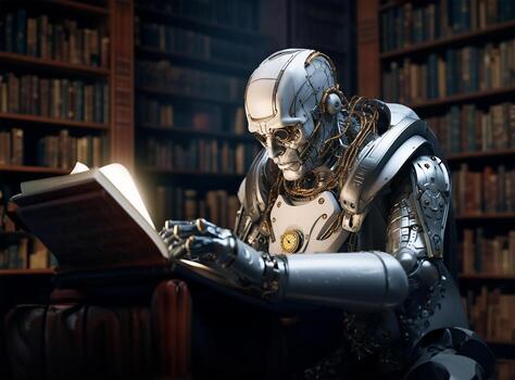 AI robot reading a book in a library. AI Generated photo