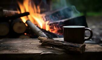 Enamel cup of hot steaming coffee sitting on an old log. AI Generated photo